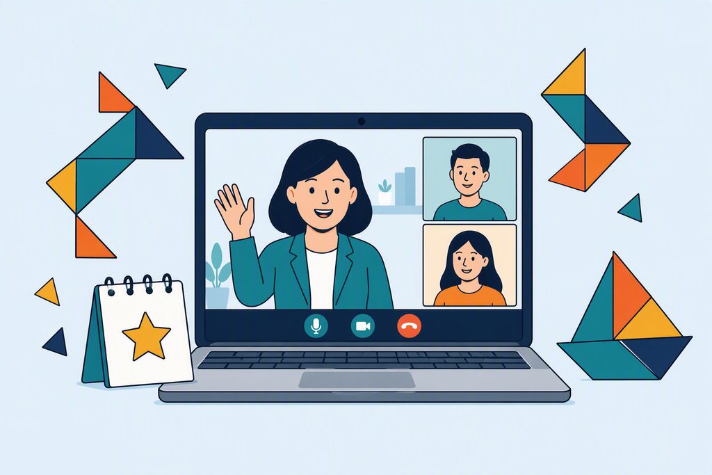 Illustration : un ordinateur portable en visioconférence, style tangram