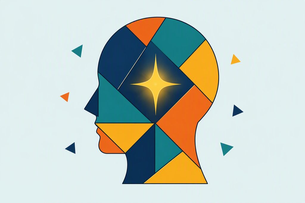 Illustration : une tête de profil en facettes tangram avec une étincelle dorée