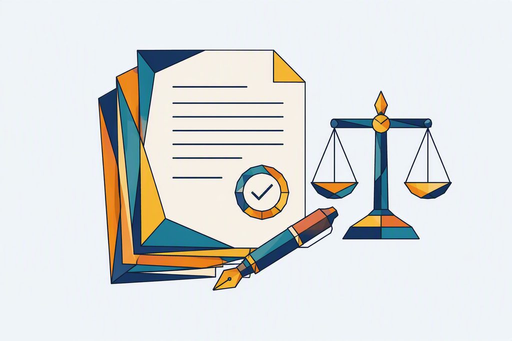 Illustration : documents officiels, tampon d'approbation et balance, style tangram